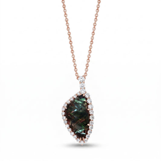 Diamond & Green Tourmaline Rose Gold Halo Necklace No. 146